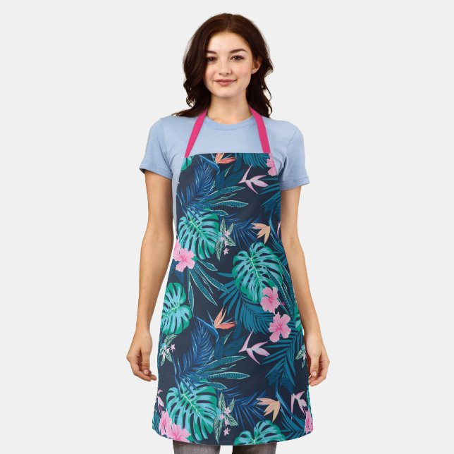 Blue Tropical Flower Garden Pattern Apron (Worn)