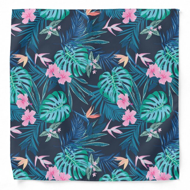 Blue Tropical Flower Garden Pattern Bandana (Front)