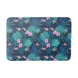 Blue Tropical Flower Garden Pattern Bath Mat