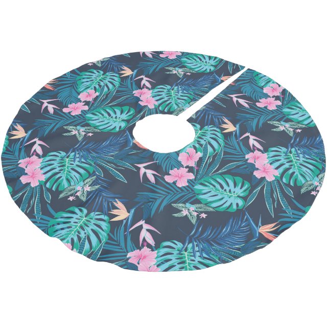 Blue Tropical Flower Garden Pattern Brushed Polyester Tree Skirt (Angled)