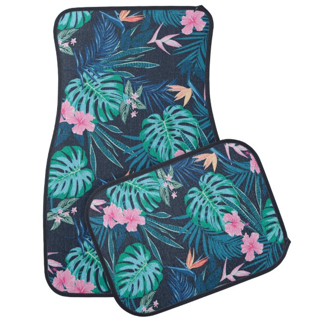 Blue Tropical Flower Garden Pattern Car Floor Mat (Set)