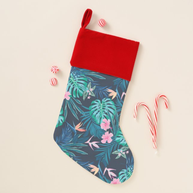 Blue Tropical Flower Garden Pattern Christmas Stocking (Front)
