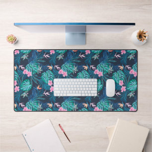 Blue Tropical Flower Garden Pattern Desk Mat