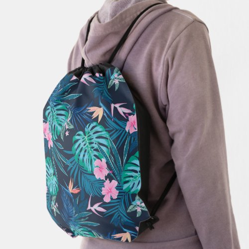 Blue Tropical Flower Garden Pattern Drawstring Bag