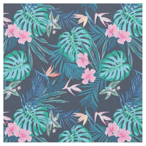 Blue Tropical Flower Garden Pattern Fabric