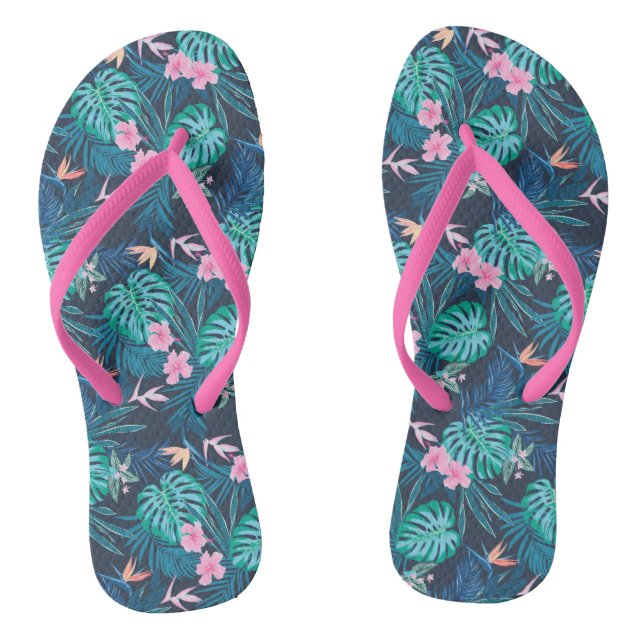 Blue Tropical Flower Garden Pattern Flip Flops (Footbed)