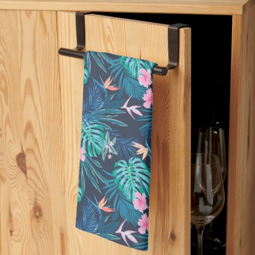 Blue Tropical Flower Garden Pattern Kitchen Towel