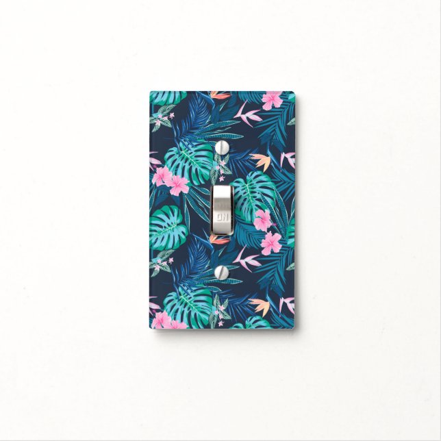 Blue Tropical Flower Garden Pattern Light Switch Cover (In Situ)