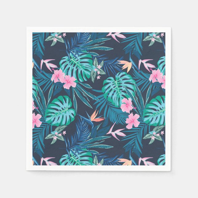 Blue Tropical Flower Garden Pattern Napkins (Front)