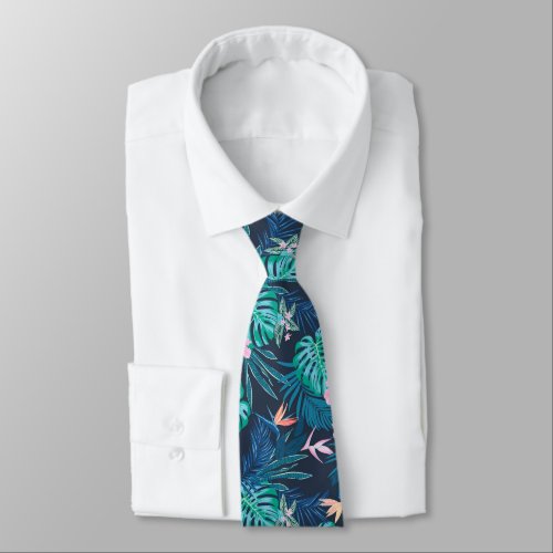 Blue Tropical Flower Garden Pattern Neck Tie