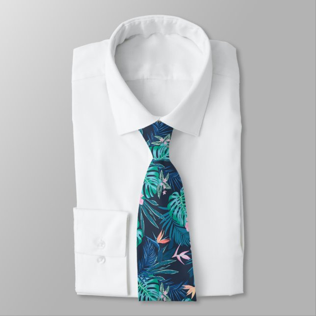 Blue Tropical Flower Garden Pattern Neck Tie (Tied)