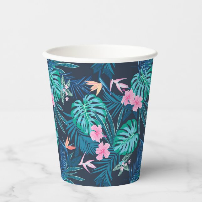Blue Tropical Flower Garden Pattern Paper Cups (Front)