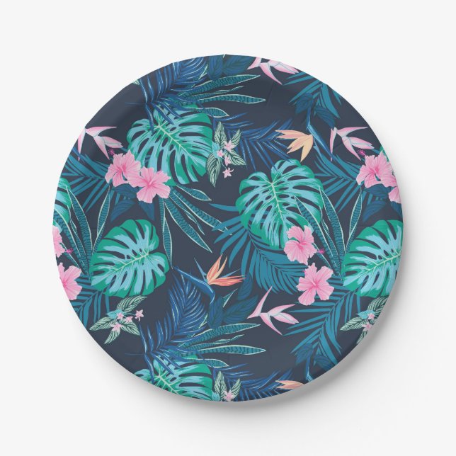 Blue Tropical Flower Garden Pattern Paper Plates (Front)