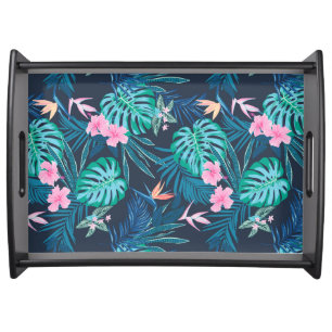 Blue Tropical Flower Garden Pattern Serving Tray