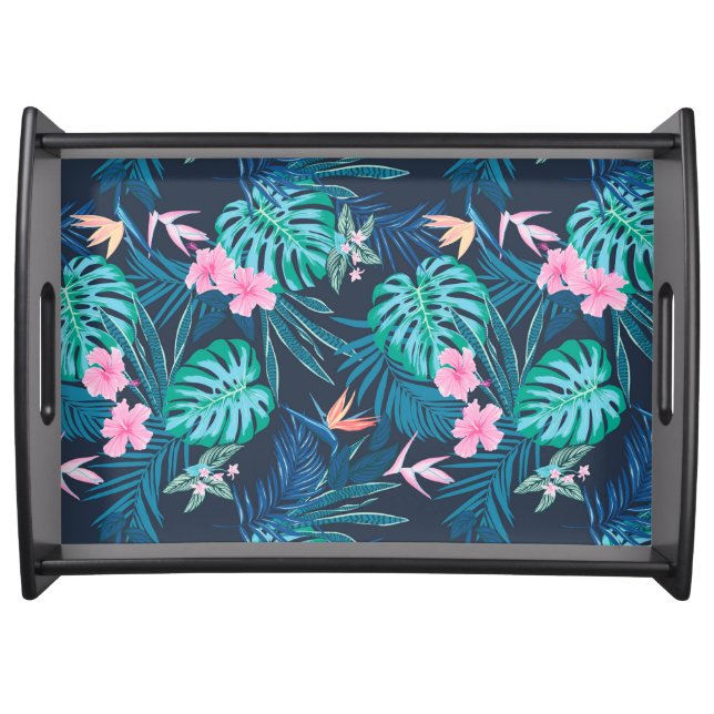 Blue Tropical Flower Garden Pattern Serving Tray (Front)