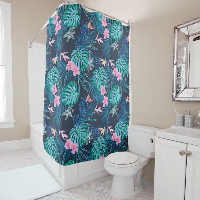 Blue Tropical Flower Garden Pattern Shower Curtain (In Situ)