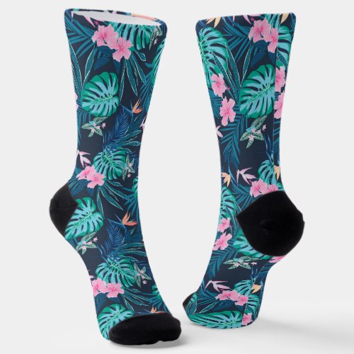 Blue Tropical Flower Garden Pattern Socks