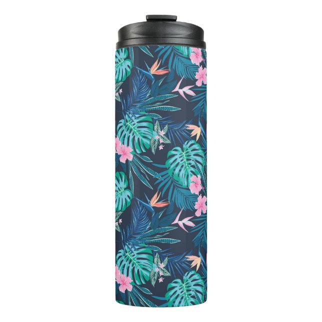 Blue Tropical Flower Garden Pattern Thermal Tumbler (Front)