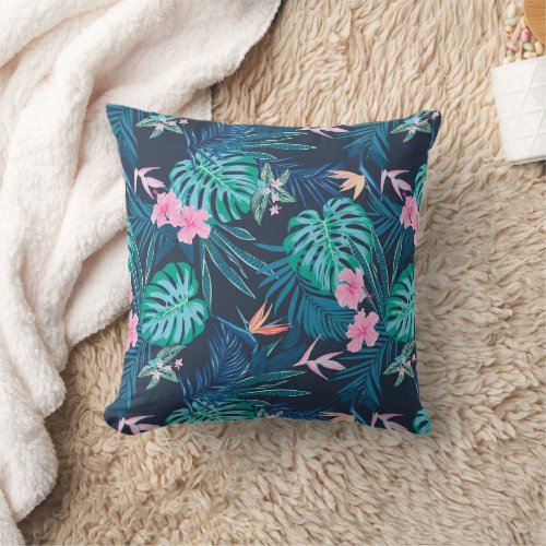 Blue Tropical Flower Garden Pattern Throw Pillow