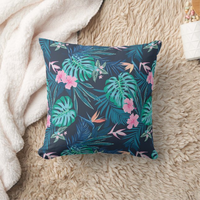 Blue Tropical Flower Garden Pattern Throw Pillow (Blanket)