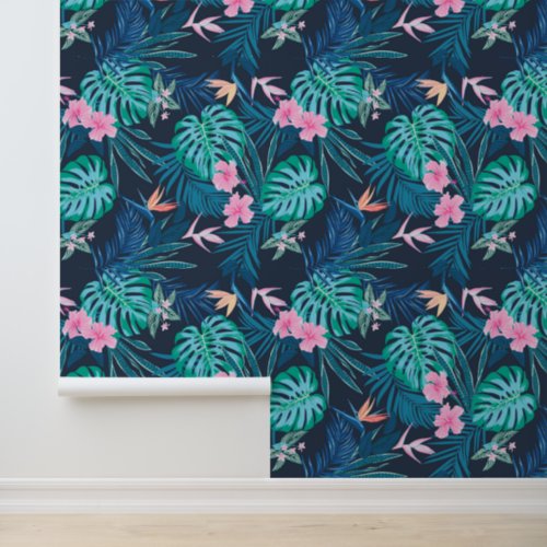 Blue Tropical Flower Garden Pattern Wallpaper