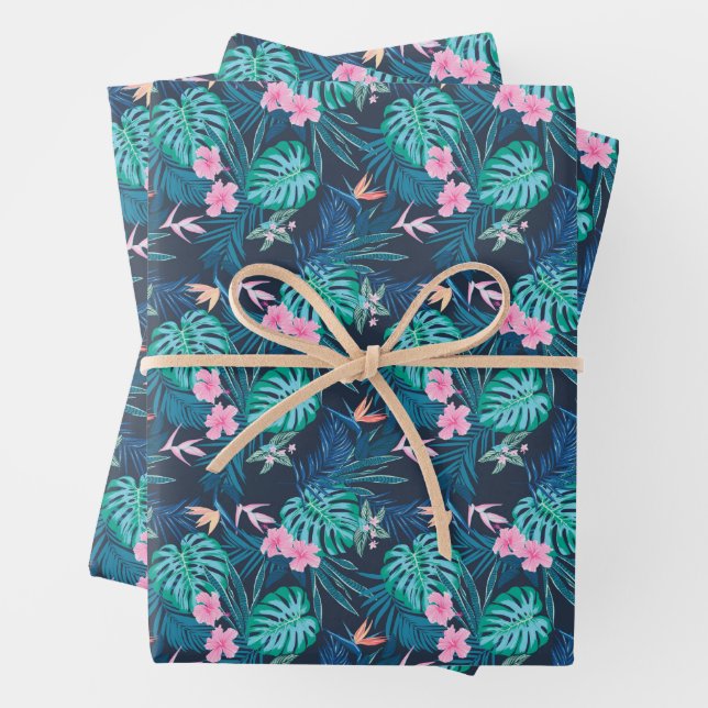 Blue Tropical Flower Garden Pattern Wrapping Paper Sheets (In situ)