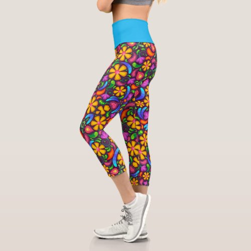 Blue Tropical Flower Riot Capri Leggings