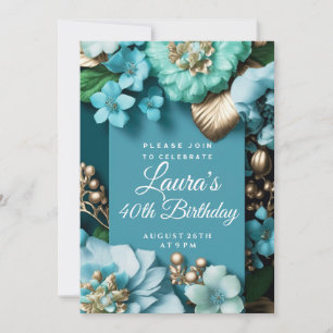Blue tropical flowers golden glitter Birthday Invitation