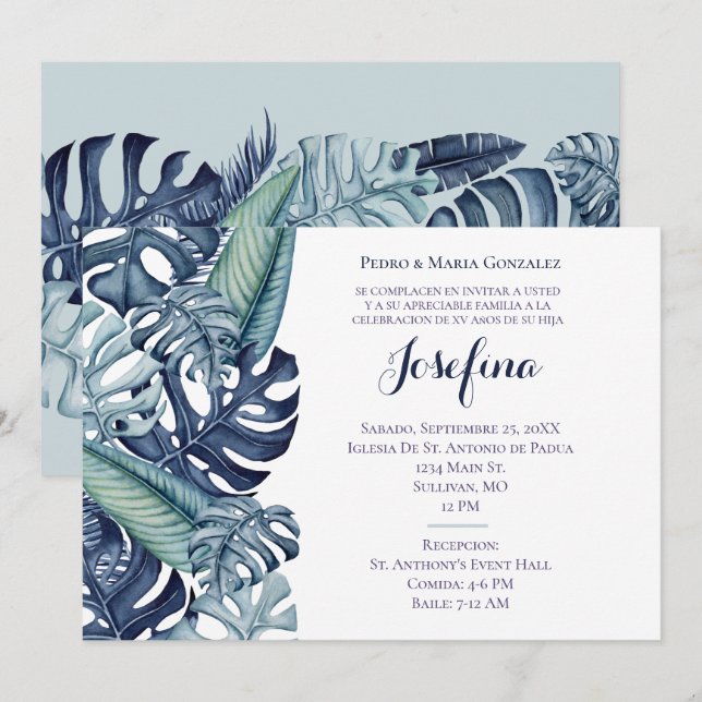 Blue Tropical Foliage Border Quinceañera Invitation (Front/Back)