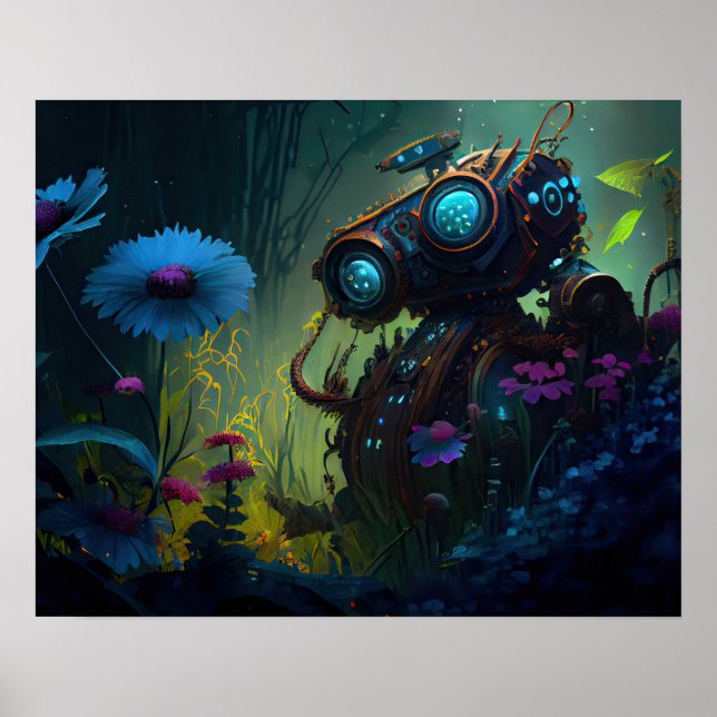 Blue Tropical Forest Flowers Robot Poster (Front)