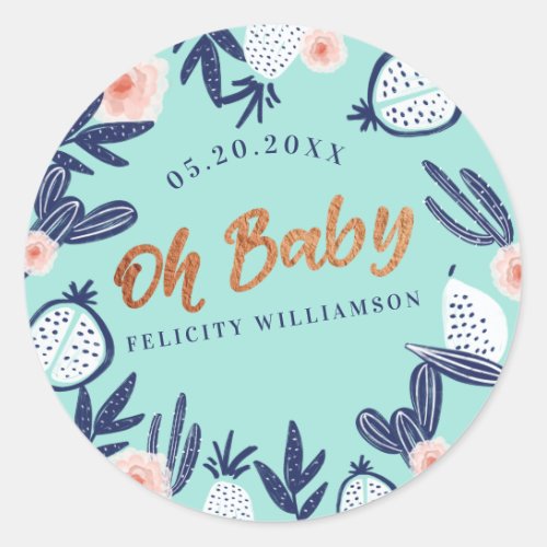 Blue Tropical Fruit Cactus Florals Baby Shower Classic Round Sticker