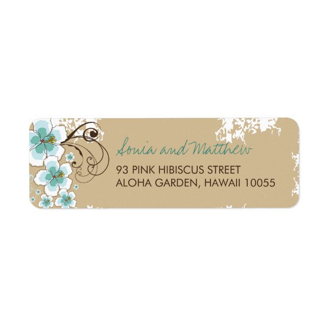 Blue Tropical Hibiscus Beach Wedding Address Label (Front)