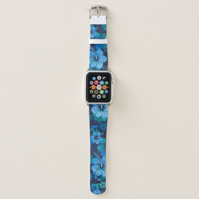 Blue Tropical Hibiscus Floral Pattern Apple Watch Band (Front)