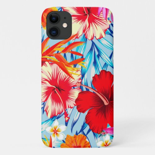 Blue Tropical hibiscus flowers iPhone 11 Case