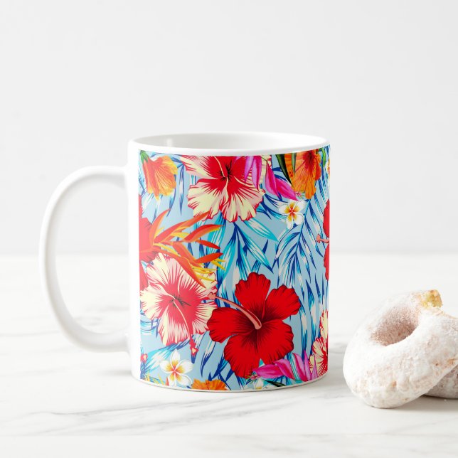 Blue Tropical hibiscus flowers  Coffee Mug (With Donut)