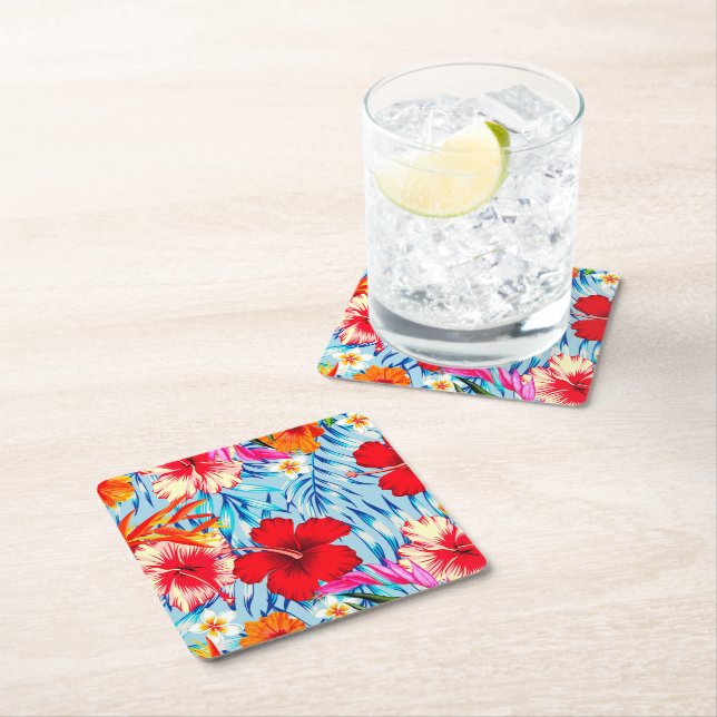 Blue Tropical hibiscus flowers    Square Paper Coaster (Insitu)