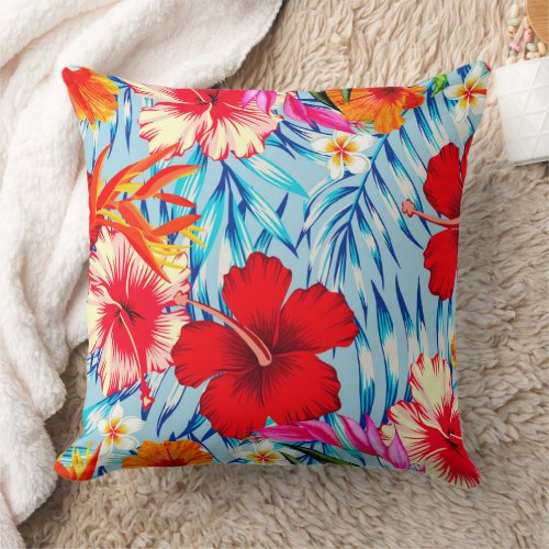 Blue Tropical hibiscus flowers  Throw Pillow