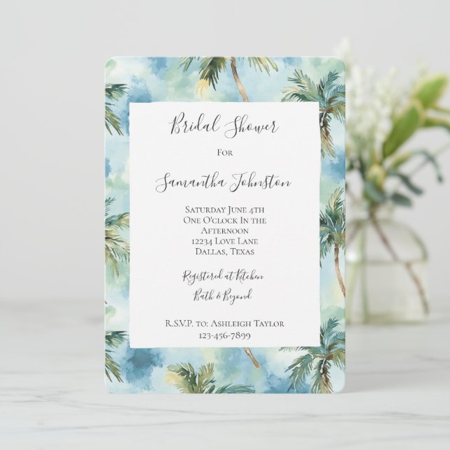 Blue Tropical Island Palm Trees Bridal Shower  Invitation (Standing Front)