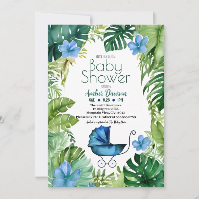 Blue Tropical Jungle Carriage for Boys Baby Shower Invitation (Front)
