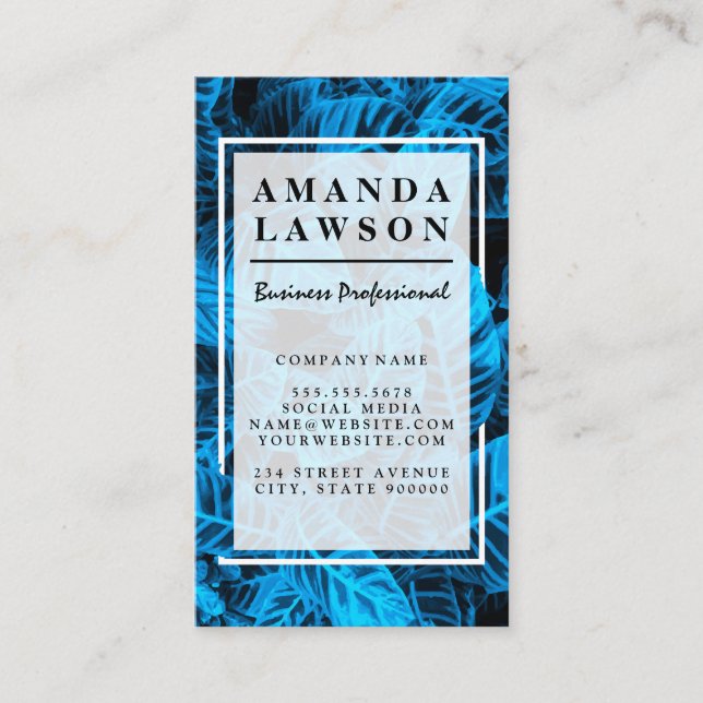Blue Tropical Leaves Background Business Card (Front)