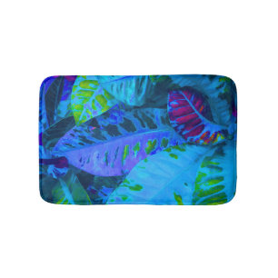 Blue tropical leaves bath mat