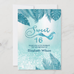 Blue Tropical leaves chic trendy glittery Invitation