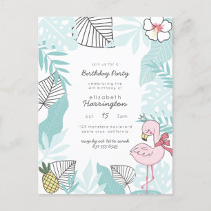 Blue Tropical Leaves Flamingo Birthday Party Invitation Postcard