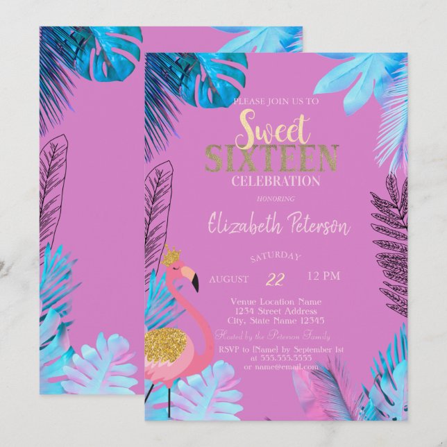 Blue Tropical Leaves Flamingos Pink Sweet 16  Invitation (Front/Back)