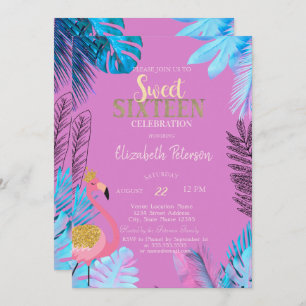 Blue Tropical Leaves Flamingos Pink Sweet 16 Invitation