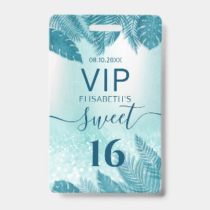 Blue Tropical leaves glitter script Sweet 16 VIP  Badge