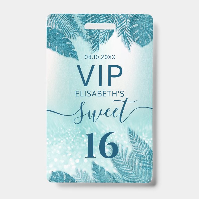 Blue Tropical leaves glitter script Sweet 16 VIP  Badge (Front)