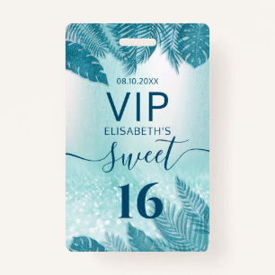 Blue Tropical leaves glitter script Sweet 16 VIP  Badge