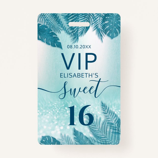 Blue Tropical leaves glitter script Sweet 16 VIP  Badge (Front)