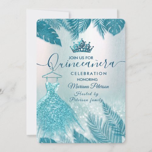 Blue Tropical leaves glitter tiara Quinceaera Invitation